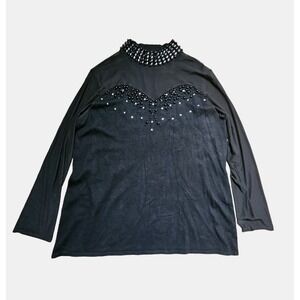 Ashley Stewart Beaded Rhinestones Mock Neck Long Sleeve Top Knit 22/24 Rayon EUC